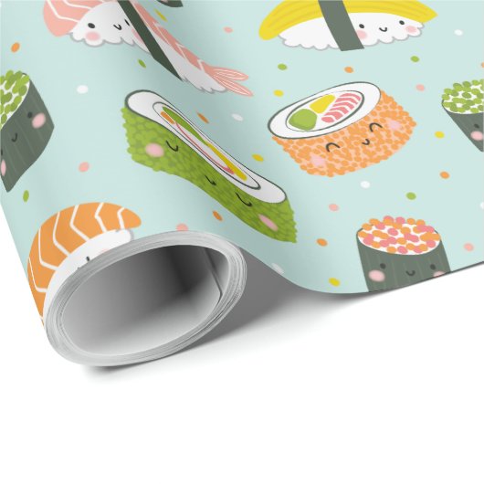 Schattigee Kawaii Sushi op lichtblauw Cadeaupapier (Rol Hoek)