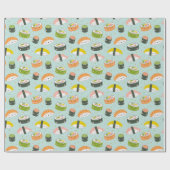 Schattigee Kawaii Sushi op lichtblauw Cadeaupapier (Vlak)