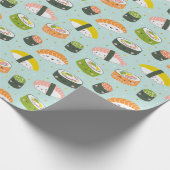 Schattigee Kawaii Sushi op lichtblauw Cadeaupapier (Hoek)