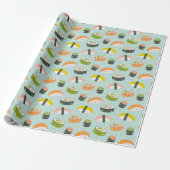 Schattigee Kawaii Sushi op lichtblauw Cadeaupapier (Uitgerold)
