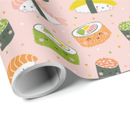 Schattigee Kawaii Sushi op lichtroze Cadeaupapier