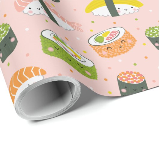 Schattigee Kawaii Sushi op lichtroze Cadeaupapier (Rol Hoek)