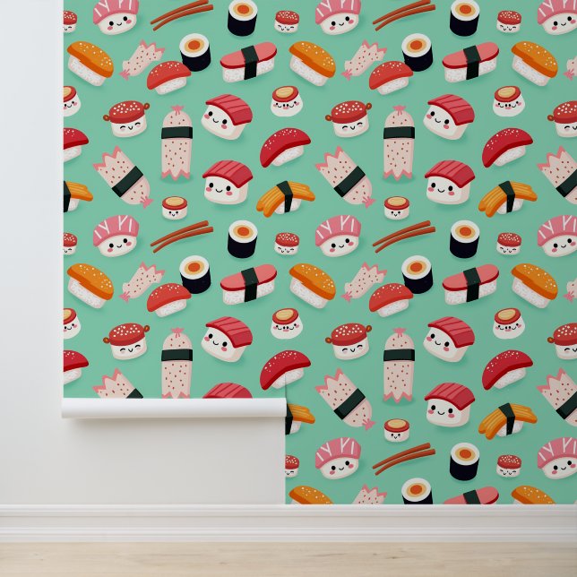 Schattigee Kawaii Sushi Patroonillustratie Behang (Applicatie)