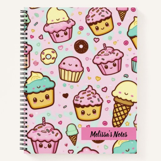 Schattigee Kawaii Sweet Desserts Roze Gepersonalis Notitieboek (Voorkant)