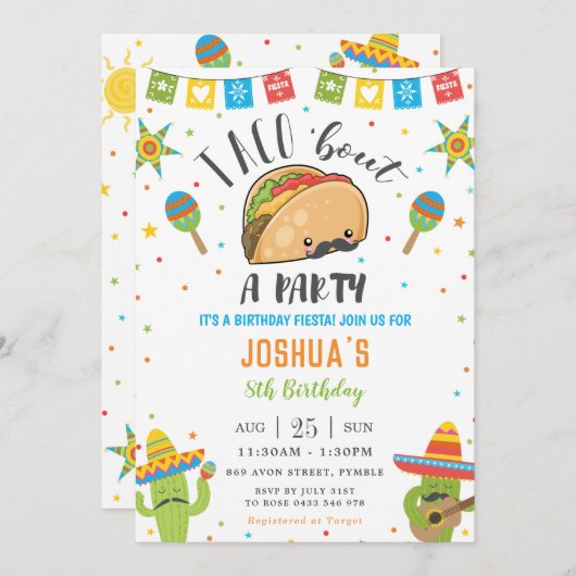 Schattigee Kawaii Taco 'Over een Feestfeest Fiesta Kaart (Voorkant / Achterkant)