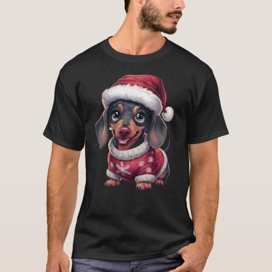 Schattigee Kawaii Teckel Hond in Santa Hat & Trui T-shirt (Voorkant)