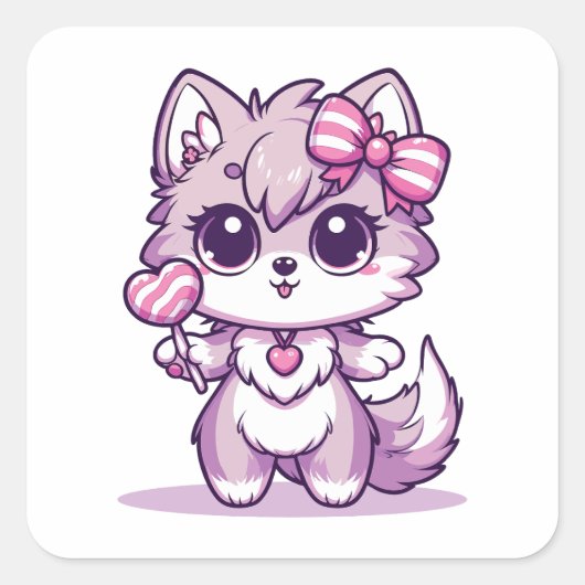 Schattigee Kawaii Wolf met Lollipop Vierkante Sticker (Voorkant)