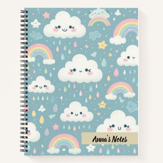 Schattigee Kawaii-wolken en regenbogen blauw geper Notitieboek (Voorkant)