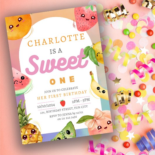 Schattigee Kawaii zomerfruit 1e eerste verjaardag  Kaart