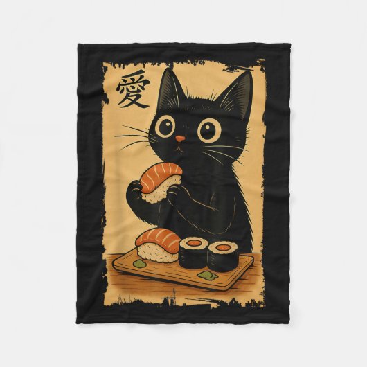 Schattigee Kawaii Zwarte Kat Eten Sushi Grappig Ja Fleece Deken (Voorkant)