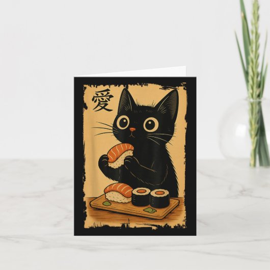 Schattigee Kawaii Zwarte Kat Eten Sushi Grappig Ja Kaart (Voorkant)