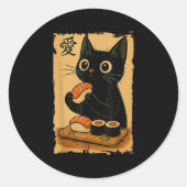 Schattigee Kawaii Zwarte Kat Eten Sushi Grappig Ja Ronde Sticker (Voorkant)