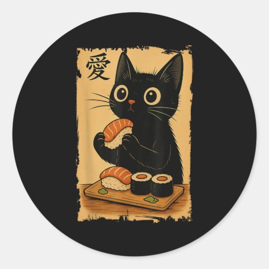 Schattigee Kawaii Zwarte Kat Eten Sushi Grappig Ja Ronde Sticker (Voorkant)
