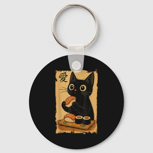 Schattigee Kawaii Zwarte Kat Eten Sushi Grappig Ja Sleutelhanger (Voorkant)
