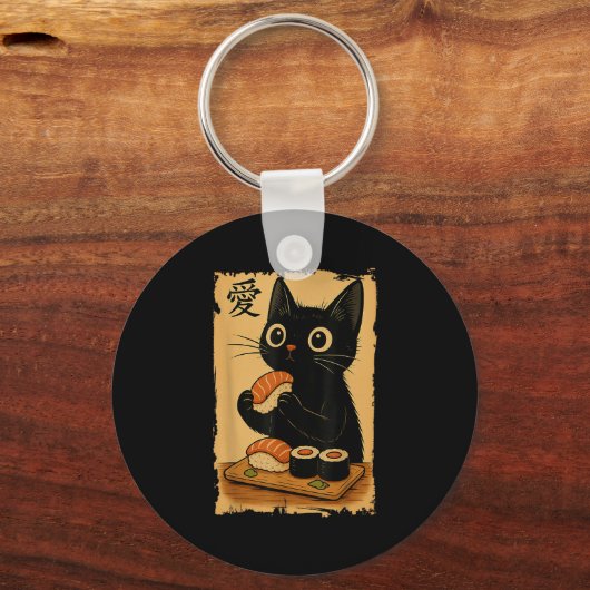Schattigee Kawaii Zwarte Kat Eten Sushi Grappig Ja Sleutelhanger (Voorkant)