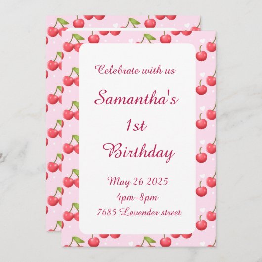 Schattigee kersen 1e verjaardagsfeest uitnodiging (Voorkant / Achterkant)