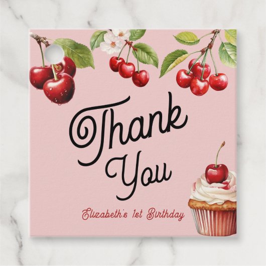 Schattigee kersen eerste 1e meisjesverjaardag roze bedankjes labels (Voorkant)
