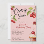Schattigee kersen eerste 1e meisjesverjaardag roze kaart (Voorkant)