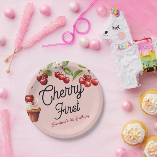 Schattigee kersen eerste 1e meisjesverjaardag roze papieren bordje (Feest)