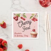 Schattigee kersen eerste 1e meisjesverjaardag roze servet (Insitu)