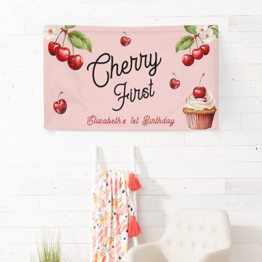 Schattigee kersen eerste 1e meisjesverjaardag roze spandoek (Insitu)