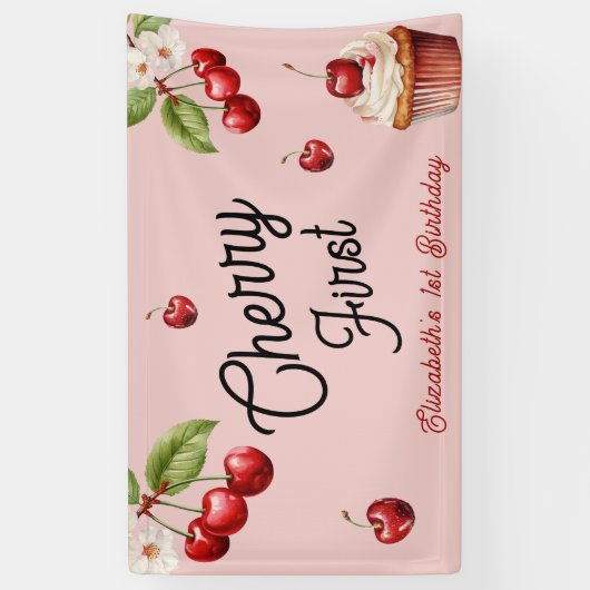 Schattigee kersen eerste 1e meisjesverjaardag roze spandoek (Verticaal)