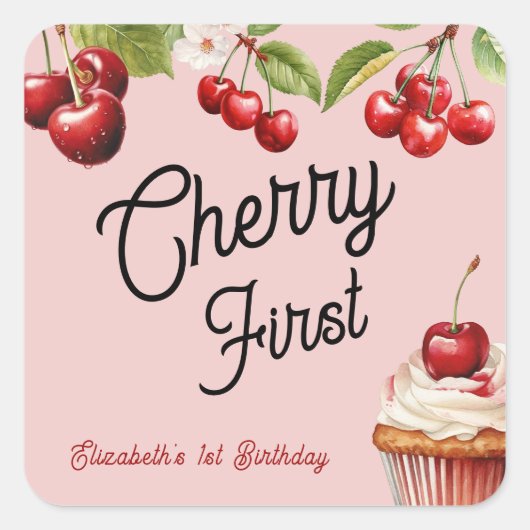 Schattigee kersen eerste 1e meisjesverjaardag roze vierkante sticker (Voorkant)