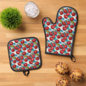 Schattigee kersen en blauw geplakt patroon ovenwant & pannenlap set (Top down)