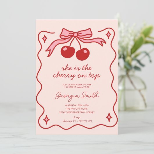 Schattigee Kersen op Top Bow Hand-getrokken Baby s Kaart (Staand voorkant)