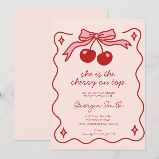 Schattigee Kersen op Top Bow Hand-getrokken Baby s Kaart (Voorkant / Achterkant)