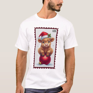 Schattigee kerst Baby Koe met Santa Hat Zittend op T-shirt