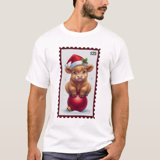 Schattigee kerst Baby Koe met Santa Hat Zittend op T-shirt