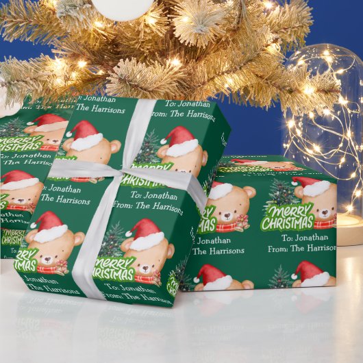 Schattigee Kerst Beer Naam Groen Cadeaupapier (Feestdagen)