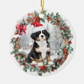 Schattigee Kerst Berner berg do puppy Santa hoed Keramisch Ornament (Voorkant)