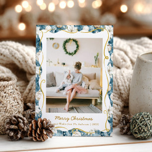 Schattigee Kerst Blauw en Goud Patroon 1 Foto Feestdagenkaart