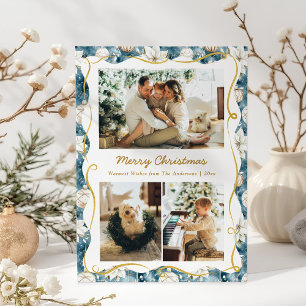 Schattigee Kerst Blauw en Goud Patroon 3 Foto Feestdagenkaart