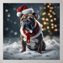 Schattigee Kerst Bulldog met Santa Hat in Snow