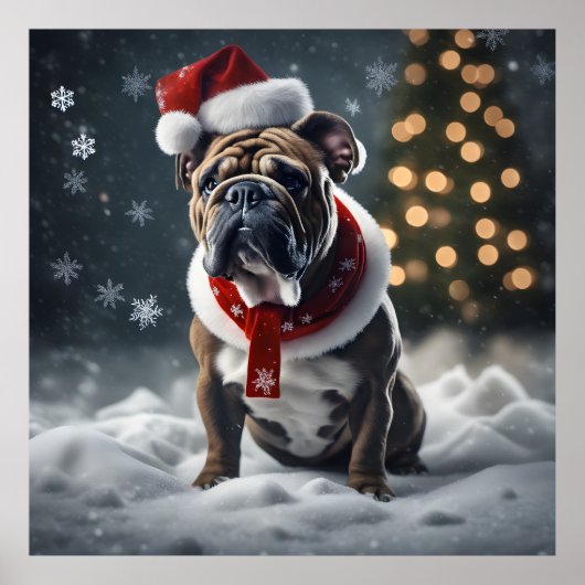 Schattigee Kerst Bulldog met Santa Hat in Snow Poster (Voorkant)