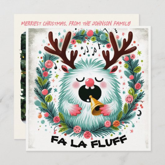 Schattigee kerst Caroler "fa la fluff" Feestdagenkaart (Voorkant / Achterkant)