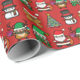 Schattigee kerst cartoon personages Patroon Rood Cadeaupapier