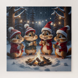 Schattigee kerst Chipmunks rond een kampvuur Legpuzzel