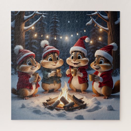 Schattigee kerst Chipmunks rond een kampvuur Legpuzzel (Verticaal)
