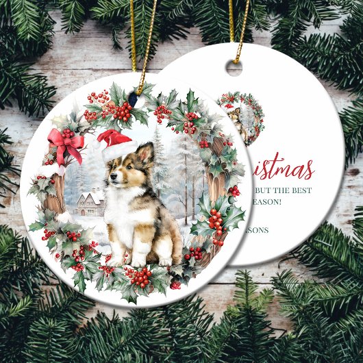 Schattigee kerst collie hond puppy kerstmuts keramisch ornament