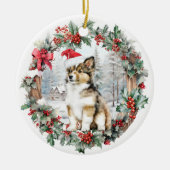 Schattigee kerst collie hond puppy kerstmuts keramisch ornament (Voorkant)
