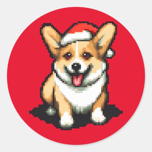 Schattigee kerst Corgi in Santa hat Pixel kunst Ronde Sticker (Voorkant)