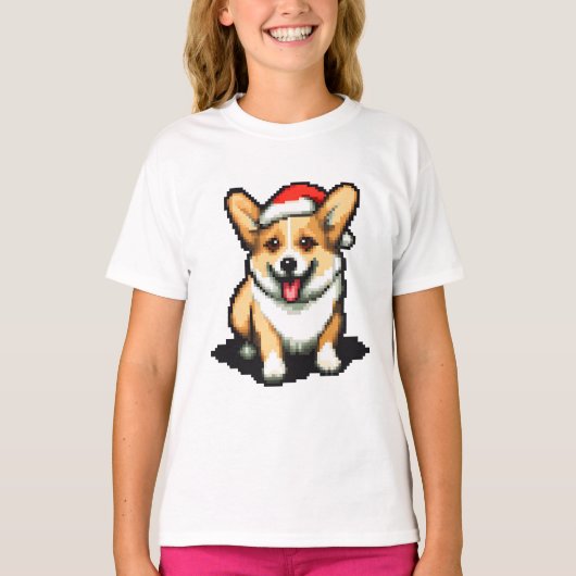 Schattigee kerst Corgi in Santa hat Pixel kunst T-shirt (Voorkant)