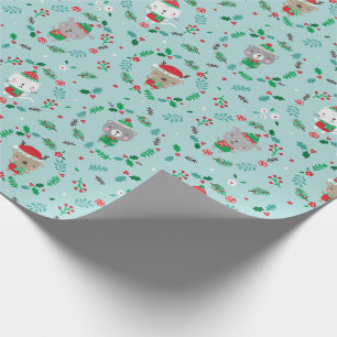Schattigee Kerst Dierenkransen blauw Cadeaupapier