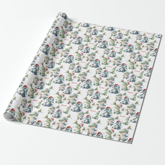 Schattigee kerst dinosaurus gepersonaliseerd cadeaupapier (Uitgerold)
