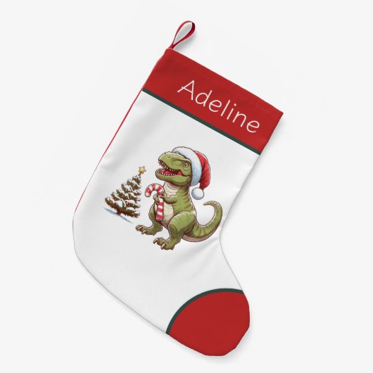 Schattigee kerst dinosaurus met snoepriet kleine kerstsok (Voorkant (Hangend))