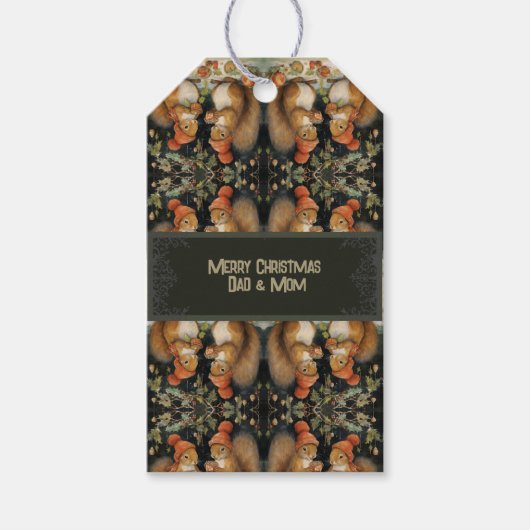 Schattigee Kerst Eekhoorns Holly Berries Gift Labe Cadeaulabel (Voorkant)